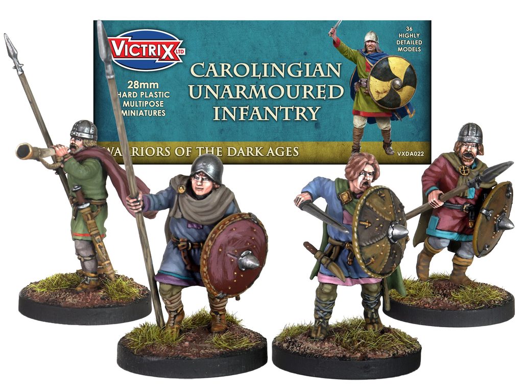 unnamed 6 Frontline Gaming Group of four painted 28mm medieval infantry miniatures with shields and spears on round bases posed as charging warriors