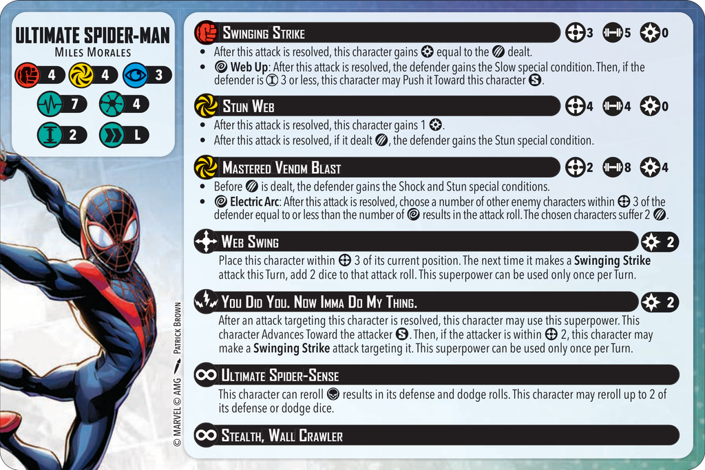 usm Frontline Gaming Miles Morales hero card from a Spider Man board game showing ability names and icons Stun Web Web Swing Mastered Venom Blast Ultimate Spider Sense and stat icons