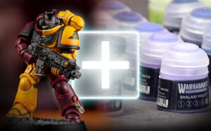 Warhammer Space Marine miniature in yellow and red armor beside paint bottles with a glowing plus sign overlay