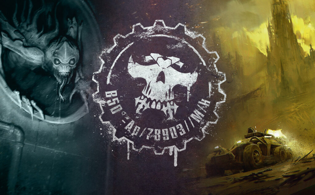 1featurey7wipl7bz9 Frontline Gaming Central emblem white skull inside a weathered gear set against a gritty post apocalyptic backdrop with a dusty vehicle on the right