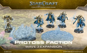 Wave 3 expansion for Protoss faction blue crystal miniatures with terrain pieces from StarCraft tabletop game box art