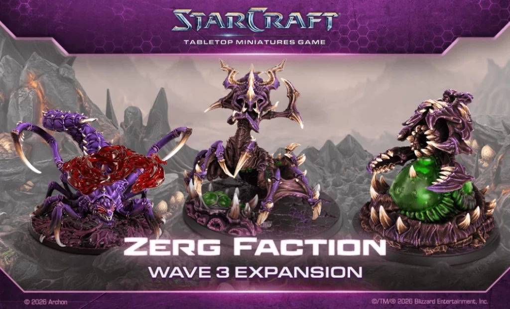 Box art for StarCraft Zerg Faction Wave 3 Expansion featuring three purple Zerg miniatures on rocky bases