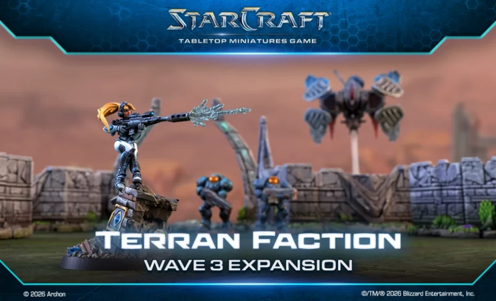 Terran faction wave 3 expansion teaser for StarCraft tabletop miniatures battle scene with armored soldiers amid ruins