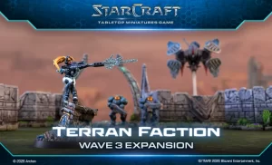 Terran faction wave 3 expansion teaser for StarCraft tabletop miniatures battle scene with armored soldiers amid ruins