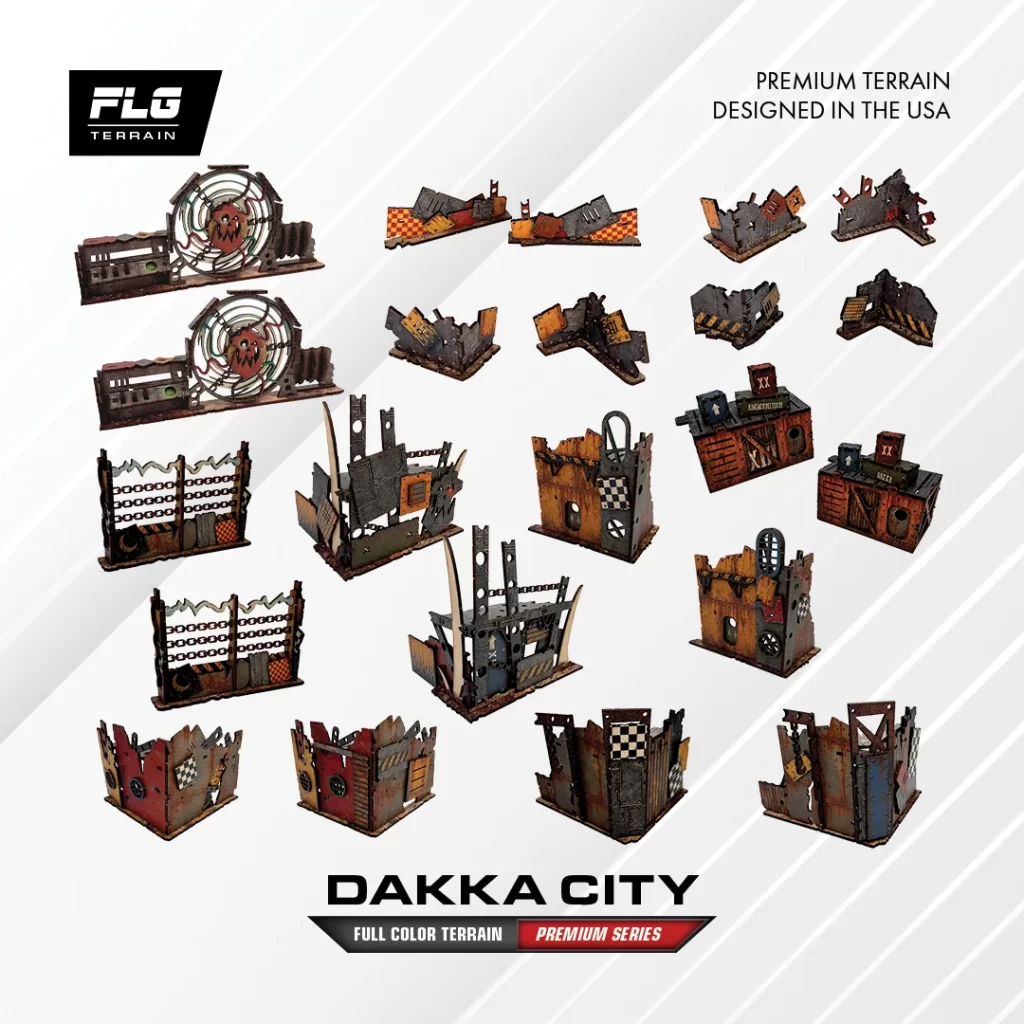 Collection of rusted modular terrain pieces for tabletop gaming from FLGs Dakka City Premium Series shown on a light diagonal background with the FLG logo