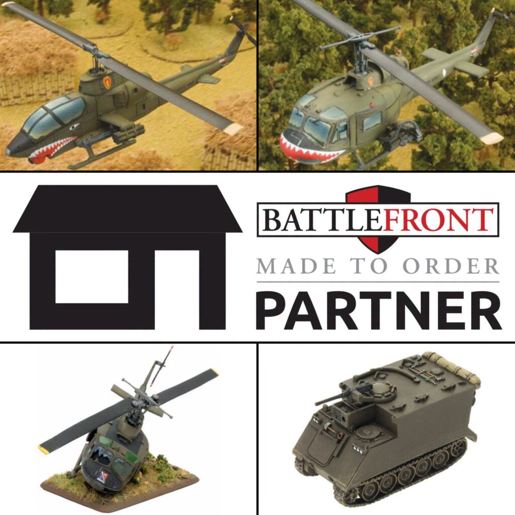 83993285320956658710437356982801896905112941n Frontline Gaming Collage of military model toys two helicopters in flight and a tracked tank with a Battlefront logo