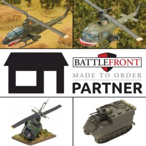 Collage of military model toys two helicopters in flight and a tracked tank with a Battlefront logo