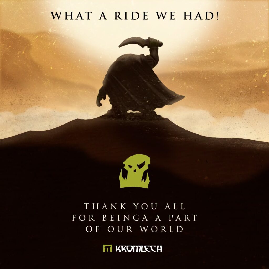 Silhouette of a cloaked figure on a hill raising a curved dagger at sunset top text says WHAT A RIDE WE HAD bottom thanks viewers with a green logo and KROMLECH branding