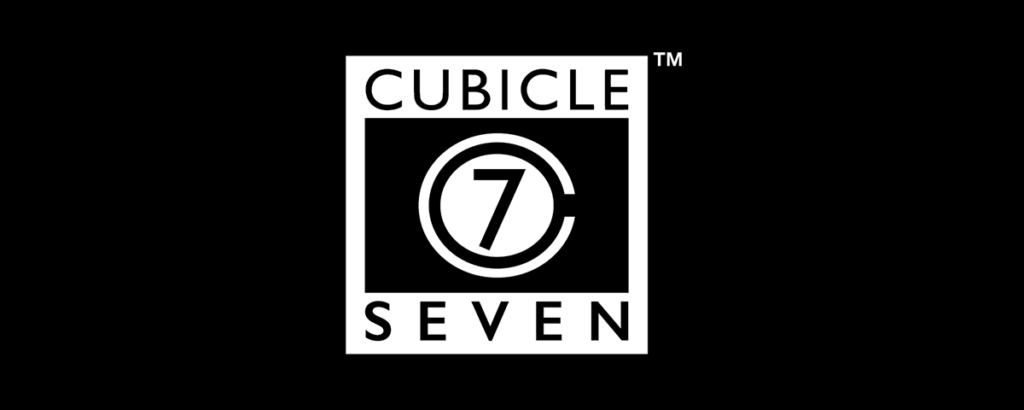 Cubicle Seven logo white square frame with the text CUBICLE above and SEVEN below enclosing a black center with a circular 7 motif