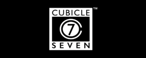 Cubicle Seven logo white square frame with the text CUBICLE above and SEVEN below enclosing a black center with a circular 7 motif
