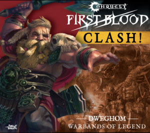 Dwarf warrior with a blonde beard in ornate green armor charges forward a skull in the background and the Conquest First Blood  Clash title above