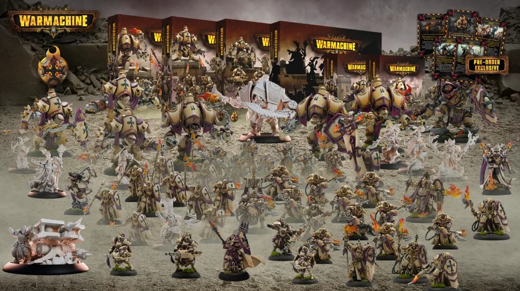 Featured2500x1400MenothArmyBundlePackdb4999ff9746467ea03e0808b55a7d42 Frontline Gaming Large collection of painted WarMachine miniatures arrayed on a dusty battlefield with boxed sets in the background