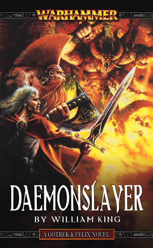 GFDaemonslayer2e Frontline Gaming Warhammer Daemonslayer book cover a warrior with a glowing sword battles fiery demons