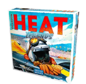 Board game box titled HEAT LEGENDS with a race car helmet on a track background