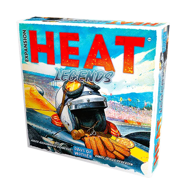Board game box titled HEAT LEGENDS with a race car helmet on a track background
