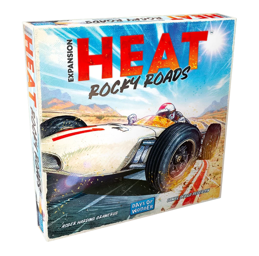 Box cover for Heat Rocky Roads shows a white vintage race car speeding on a desert road under a bright blue sky with bold red HEAT text and Rocky Roads subtitle
