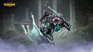 Armored rider atop a pale blue dragon in a foggy ruined courtyard with the Warmachine logo in the upper left