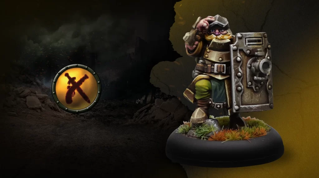 Header2500x1400PreOrderMercenaryBarlDunax Frontline Gaming Dwarf warrior miniature in armor with a large shield standing on a round base amid a rocky battlefield a circular emblem with crossed axe and sword lies to the left