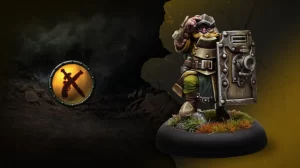 Dwarf warrior miniature in armor with a large shield standing on a round base amid a rocky battlefield a circular emblem with crossed axe and sword lies to the left