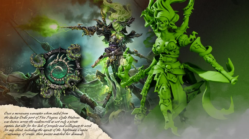 Green skinned necromancer in ornate armor unleashes green magic while two undead warriors clash on a smoky battlefield with a parchment edge nearby