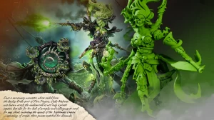 Green skinned necromancer in ornate armor unleashes green magic while two undead warriors clash on a smoky battlefield with a parchment edge nearby
