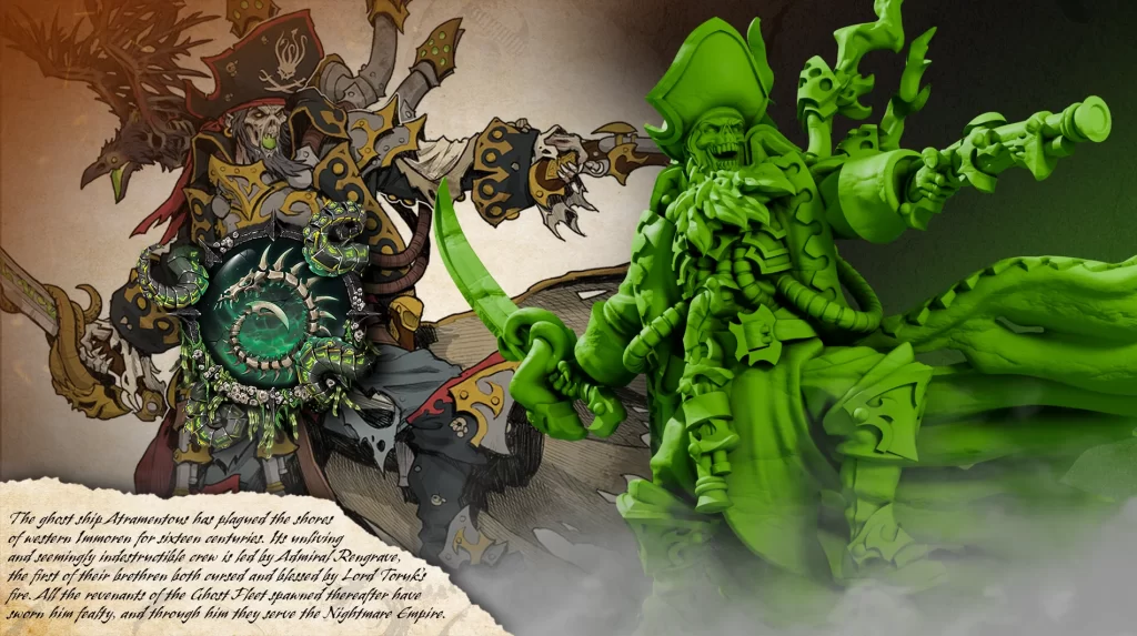 Two armored warriors clash in a fantasy battle a dark demon with a glowing green core fights a green skeletal commander with a weapon armored in plates and tentacles