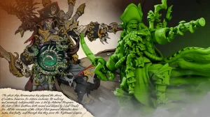 Two armored warriors clash in a fantasy battle a dark demon with a glowing green core fights a green skeletal commander with a weapon armored in plates and tentacles