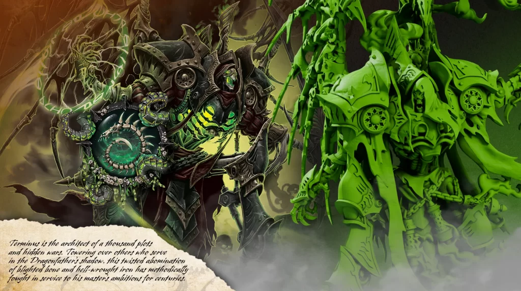 LoremachineFeatured2500x1400DreadArmadaLeaderTerminus Frontline Gaming Dark armored warrior with glowing green accents clashes with a neon green behemoth in a smoky fantasy battle scene