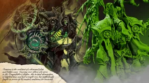 Dark armored warrior with glowing green accents clashes with a neon green behemoth in a smoky fantasy battle scene