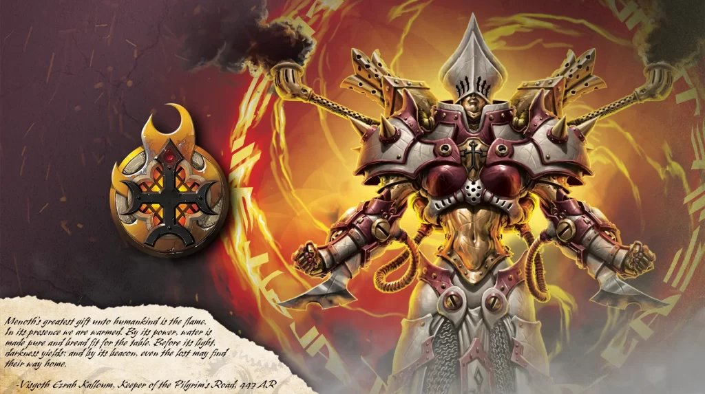 Powerful fantasy warrior in ornate pink and silver armor with a large shield on the left flames and glowing energy in the background