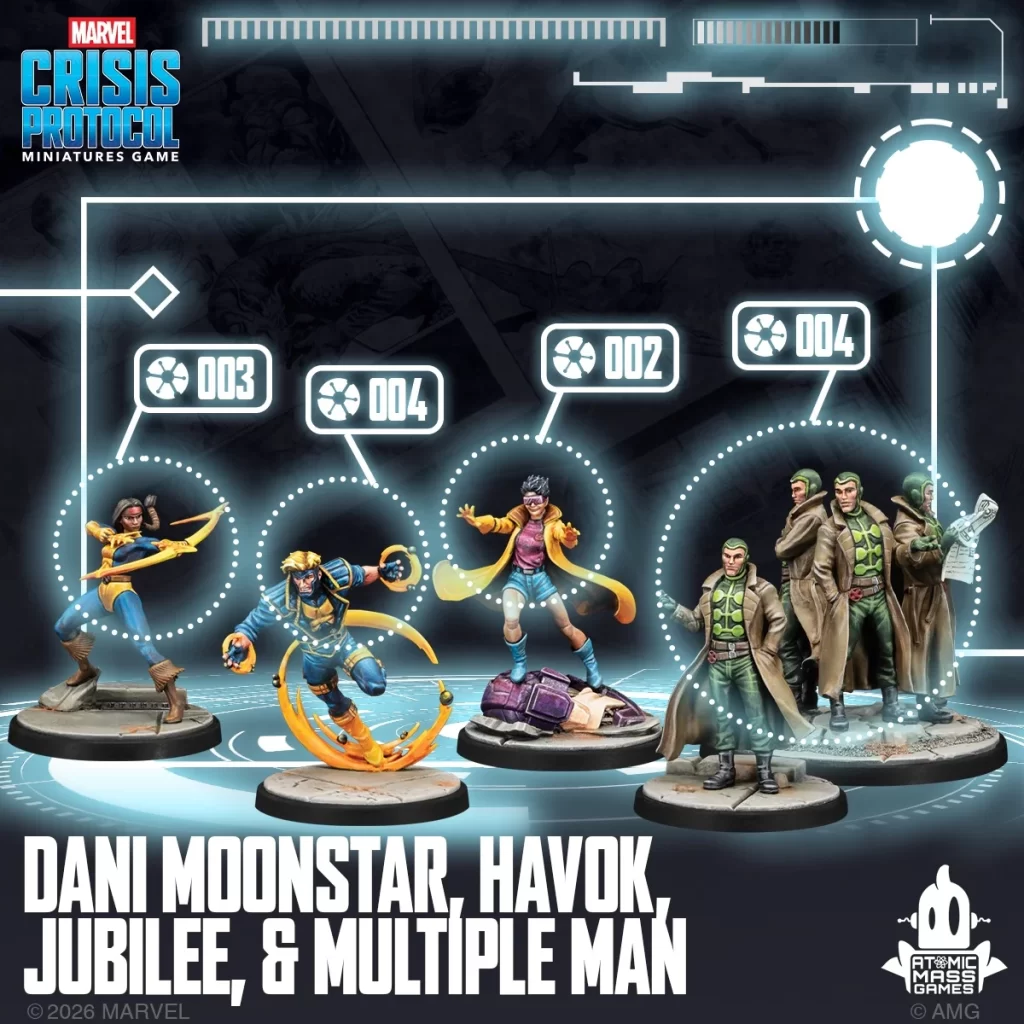 Promotional image for Marvel Crisis Protocol showing Dani Moonstar Havok Jubilee and Multiple Man miniatures with futuristic HUD and logos