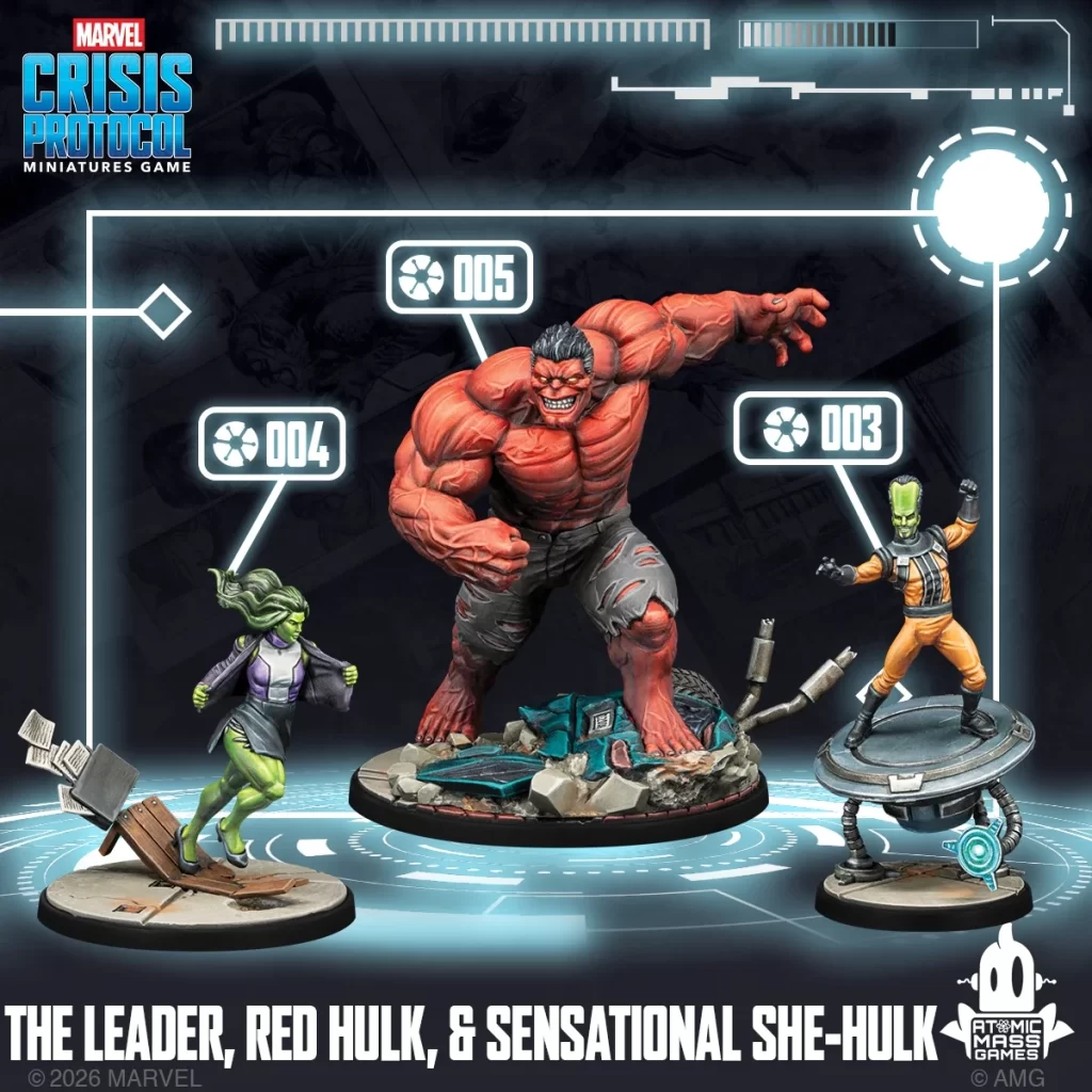MCP17SMRules Frontline Gaming Box art for Marvel Crisis Protocol miniatures Red Hulk center She Hulk left The Leader right with numbered tokens 003005