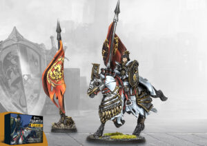 Armored knight on a rearing gray horse wielding a spear with a red banner set on a game board boxed set visible in the corner