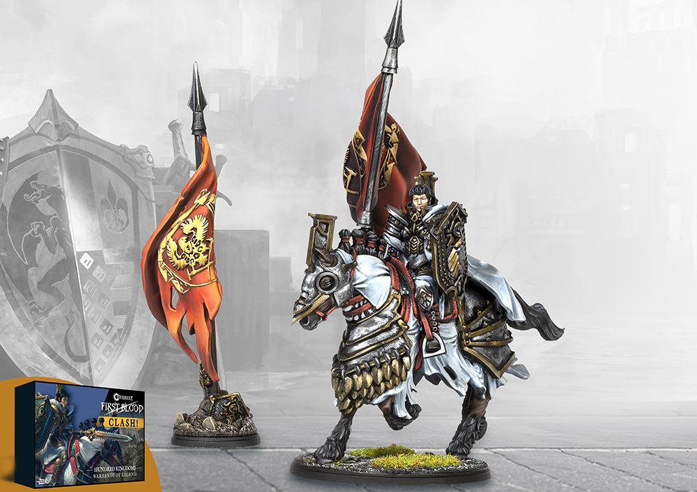 PBW6177HundredKingdomFirstBloodClashCharacterEshopcopy Frontline Gaming Armored knight on a rearing gray horse wielding a spear with a red banner set on a game board boxed set visible in the corner