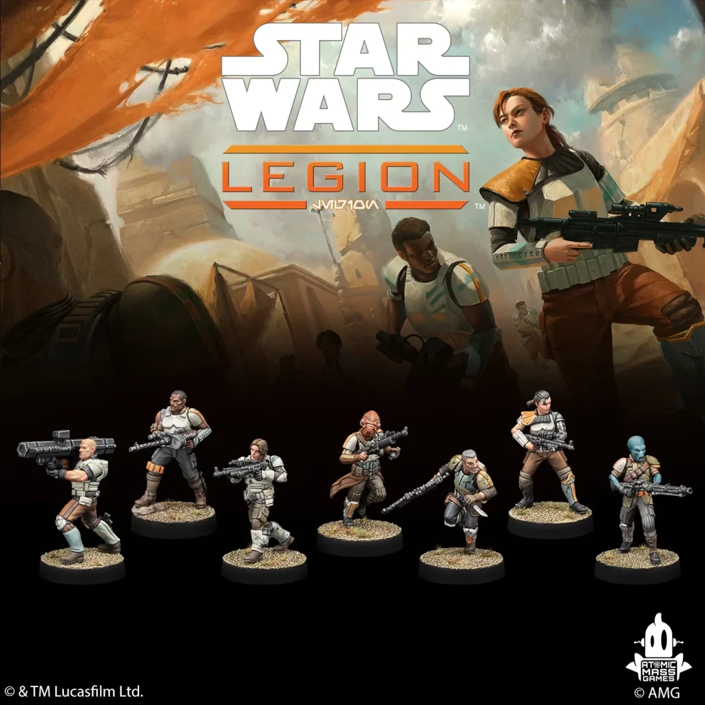 SWQ140SMRules Frontline Gaming Promotional image for Star Wars Legion showing eight tabletop miniatures in armor and weapons against a desert city backdrop with the STAR WARS LEGION logo above
