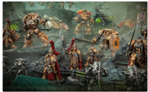 Tabletop battle scene with gold armored sci fi warriors clashing on a ruined rocky battlefield