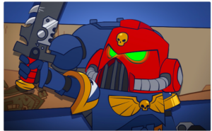 Red helmeted armored figure aiming a large rifle glowing green eyes skull insignias on blue armor in a desert battle scene