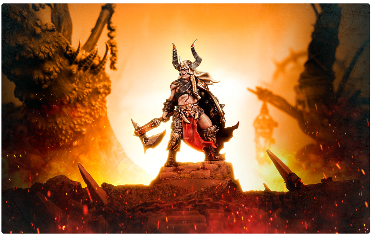 Screenshot 20261005 114942 Frontline Gaming Demonic warrior figure in horned armor stands on a lava lit throne with flames behind him mounted on a rocky pedestal on a fiery battlefield