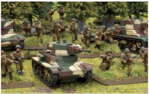 Diorama of toy soldiers advancing with a camouflaged tank on a grassy battlefield