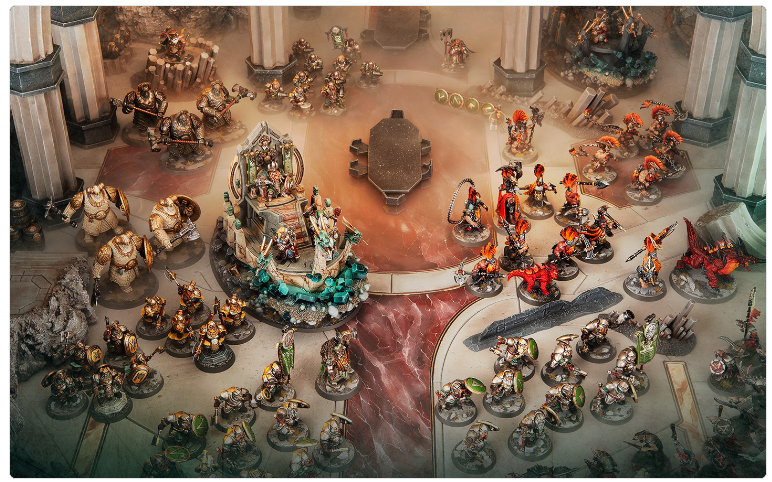 Screenshot 20261012 105725 Frontline Gaming Aerial view of a fantasy tabletop battle with numerous painted miniatures clashing around a central throne on a circular arena