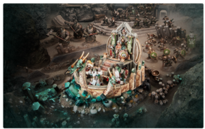 Fantasy tabletop battle scene with a carved wooden ship centerpiece teal crystal terrain and armored miniatures in a cavernous battlefield