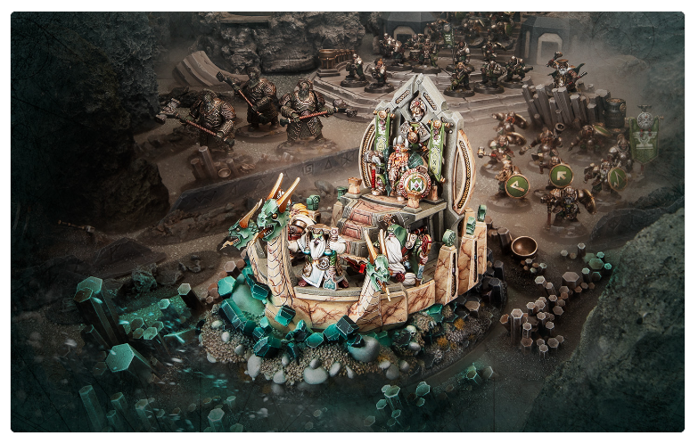 Fantasy tabletop battle scene with a carved wooden ship centerpiece teal crystal terrain and armored miniatures in a cavernous battlefield