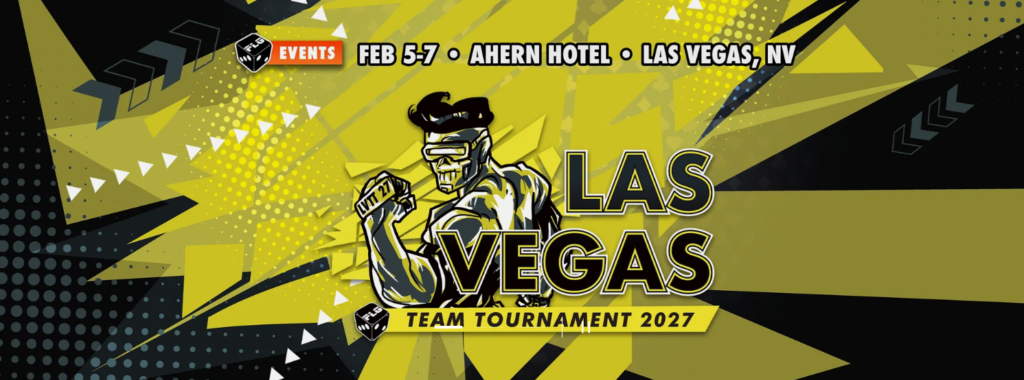 Screenshot 20261015 080503 Frontline Gaming Poster for Las Vegas Team Tournament 2027 with a stylized fighter bold LAS VEGAS lettering and a yellowblack geometric background