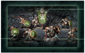 Group of armored fantasy miniatures with green shields marching across a rocky gaming terrain, with glowing HUD-like overlays.