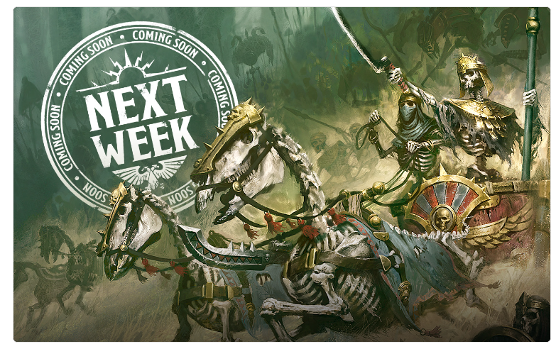 Screenshot 20261019 080856 Frontline Gaming Skeleton knights on armored horses charge through a smoky battle with a bold Next Week teaser stamp in the upper left corner