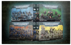 Four Warhammer 40000 boxed sets arranged in a 2x2 grid against a dark textured background Champions of Fenris blue Helcult Lance green Indomitus Task Force orangeblue and Armoured Blitzmob yellow