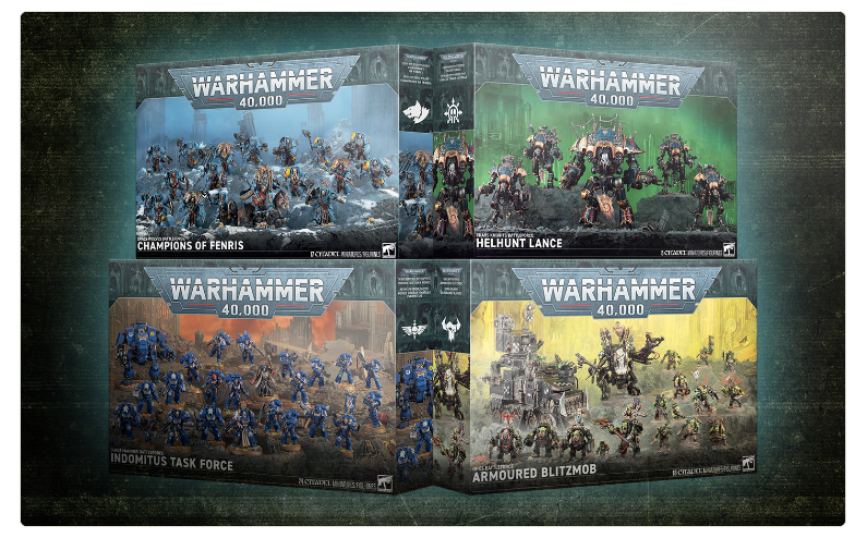 Screenshot 20261019 110617 Frontline Gaming Four Warhammer 40000 boxed sets arranged in a 2x2 grid against a dark textured background Champions of Fenris blue Helcult Lance green Indomitus Task Force orangeblue and Armoured Blitzmob yellow