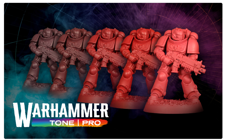Screenshot 20261020 115121 Frontline Gaming Row of red Warhammer Space Marines with rifles in formation against a dark cosmic backdrop Warhammer Tone Pro logo in the lower left