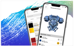 Two smartphones show a paint inventory app one screen lists color swatches the other displays a blue armored model render