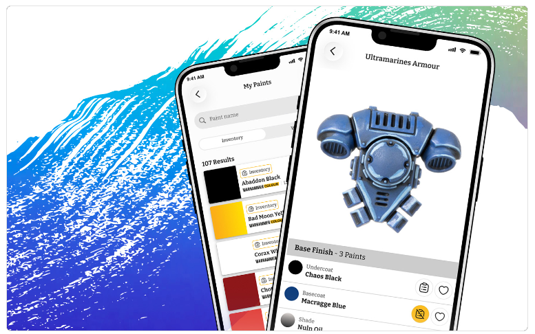 Two smartphones show a paint inventory app one screen lists color swatches the other displays a blue armored model render
